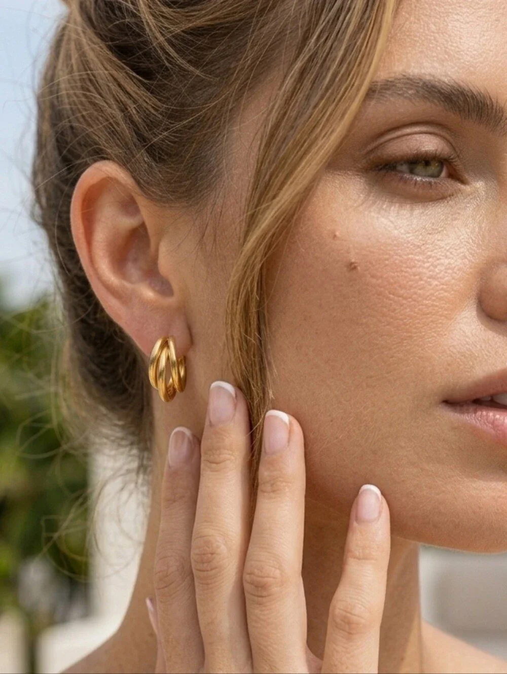 18K Gold Plated Chunky Triple Hoop Earrings Sculptural Clean Girl 0.8